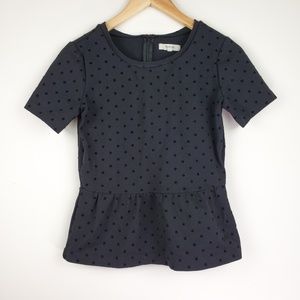Madewell Black Velvet Polka Dot Peplum Top Shirt